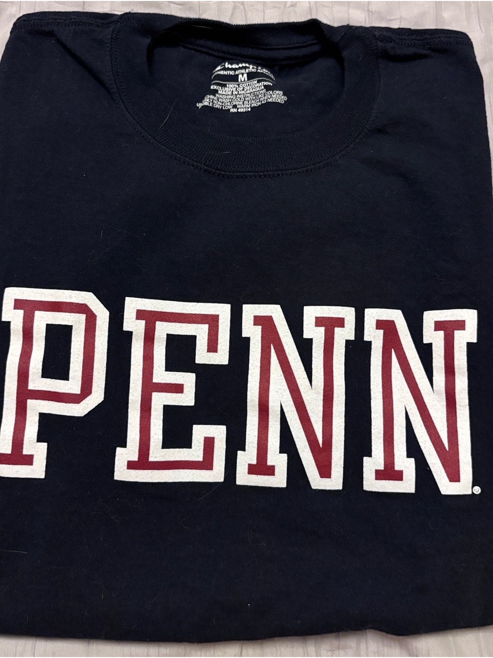 Champion Navy Short Sleeve Tee with White and Maroon PENN Graphic